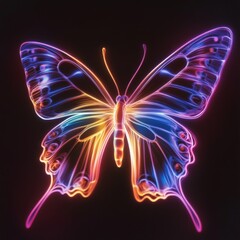 Glowing neon butterfly with vibrant colors on black background.