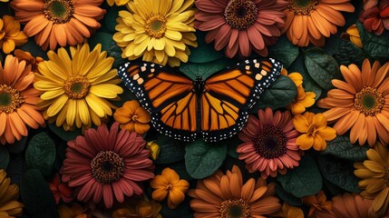 A vibrant Monarch butterfly rests among a colorful array of flowers, creating a striking natural scene filled with beauty.