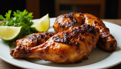 Grilled Jerk chicken in vibrant colors served with lime and parsley
