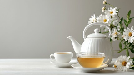 A serene setting featuring a white teapot, a cup of tea, and fresh daisies, evoking a peaceful tea time atmosphere.