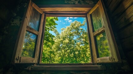 Fototapeta premium Rustic wooden window with open panes revealing lush green foliage and a bright blue sky.