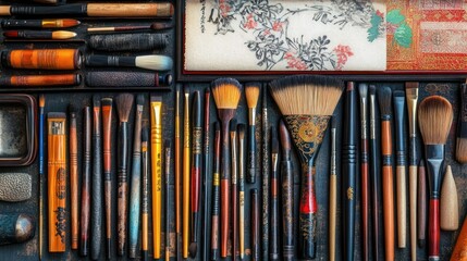 Collection of various calligraphy brushes and inkstones arranged neatly.