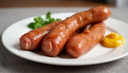 Kielbasa sausages in realistic style in brown colors with mustard for appetizing meal 
