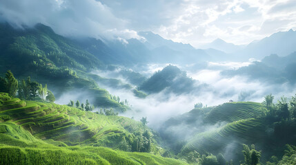 Fototapeta premium Lush green terraced hills under a misty sky, showcasing nature's beauty and tranquility.
