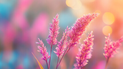 Obraz premium Vibrant pink grass sways gently in a dreamy sunset landscape with bokeh lighting