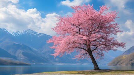 A magnificent and beautiful cherry blossom tree standing alone, with beautiful mountain and lake views