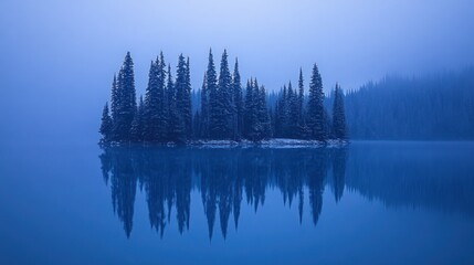 Obraz premium Snow-covered island reflected in serene, blue lake at dawn.