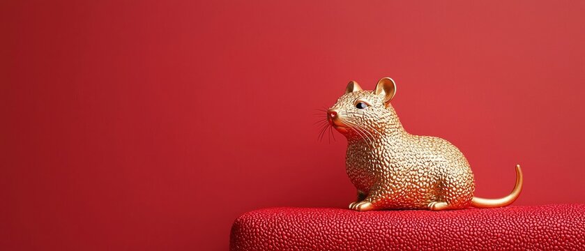 Chinese new year customs concept. Golden mouse figurine on a red background.