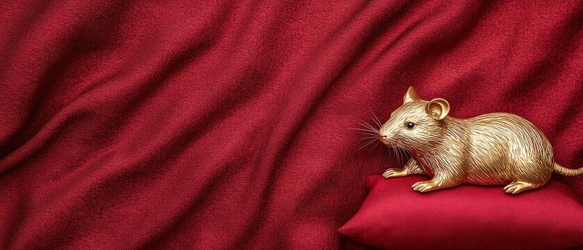 Chinese new year customs concept. Golden mouse on rich red fabric background.
