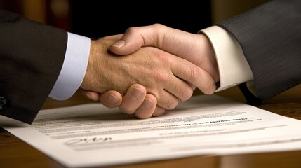 Two businessmen shaking hands over a signed contract.