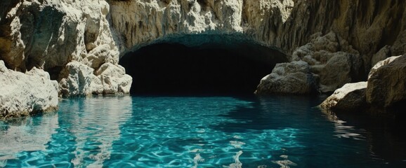 Dark cave entrance on calm turquoise water.