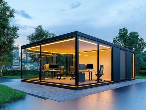 Outdoor container office with retractable walls, blending with the environment - Powered by Adobe
