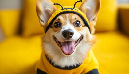 Fun costume fashion for adorable pets. Happy corgi wearing a bee costume on a bright yellow couch.