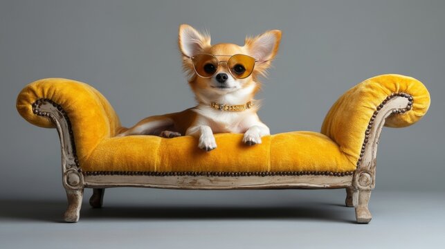 Fun costume fashion for adorable pets. A stylish chihuahua dog wearing sunglasses lounges on a vintage yellow couch.