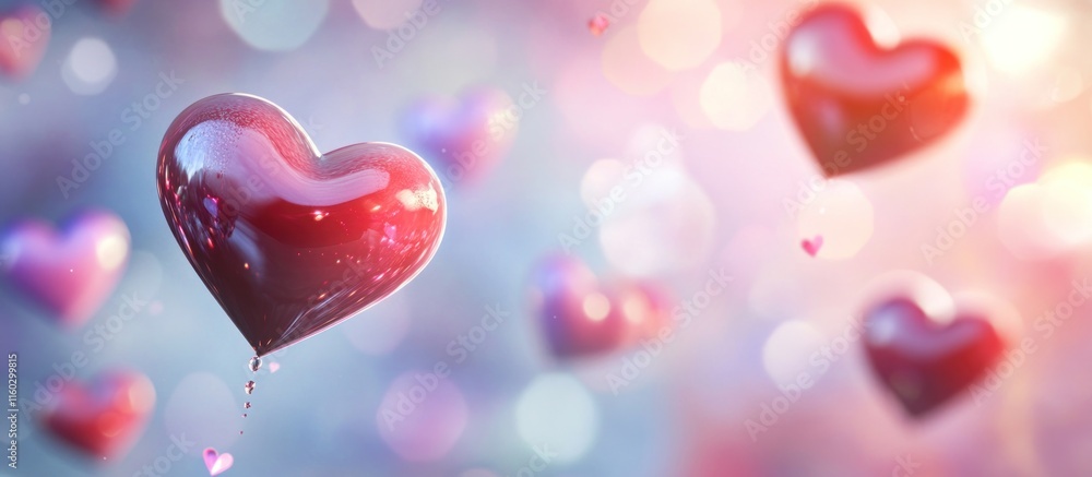 Poster red heart-shaped balloons float on a bokeh background.