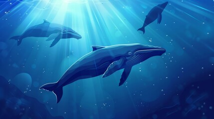 Fototapeta premium Whales glide gracefully through the enchanting depths of the ocean, embodying the beauty and mystery of marine life in serene surroundings