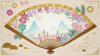 a fan with flowers and mountains
