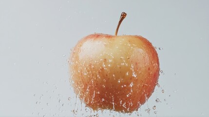 A red apple splashing in water, droplets flying.