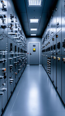 Industrial corridor with control panels and bright lighting leading to a door