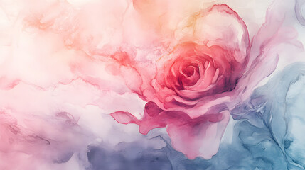 Fototapeta premium Abstract watercolor marble of a rose in bloom, surrounded by pastel colors, evoking passion and elegance.