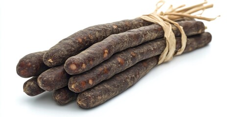 Tied sausages on white background