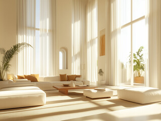 Fototapeta premium A bright and airy modern living room backdrop featuring natural light, comfortable decor, and inviting seating arrangements, creates a peaceful and stylish atmosphere.