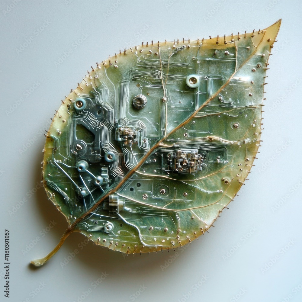 Poster leaf embedded with circuit board, showcasing nature and technology merging.