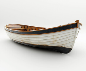 Vintage wooden boat with a classic design resting on a neutral background