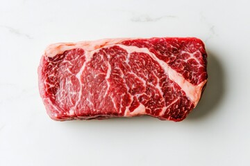 Fototapeta premium A Single Raw New York Strip Steak on Marble Background, Gourmet Meat Ready for Grilling or Pan-Searing