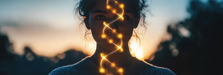 Woman's face with DNA strand light trail at sunset.