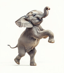Obraz premium Young elephant joyfully playing and lifting its trunk in a cheerful display on a light background