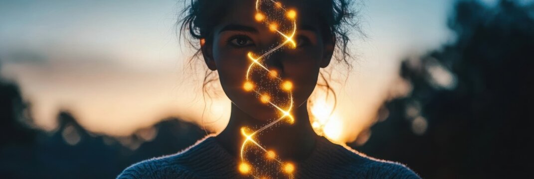 Woman's face with DNA strand light trail at sunset.
