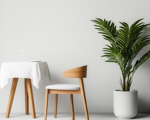Minimalist restaurant with a clean white palette, chic lighting, and natural wood accents, white minimalist dining, calm, refined