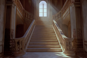 An antique staircase in an Italian palace, marble steps and stone railings, a grand entrance to the castle's upper floor, a sunlit window at its end casting warm light on the walls.