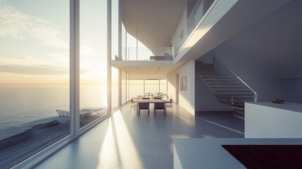 Modern minimalist oceanfront house interior with sunset view.