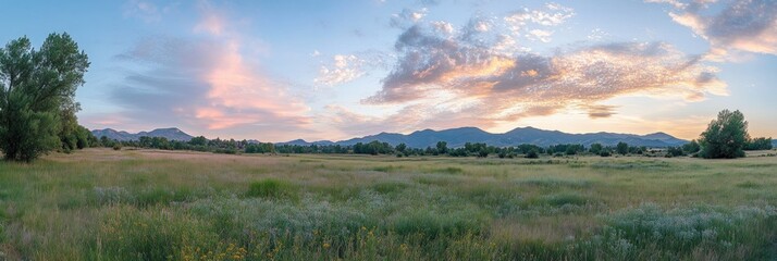Serene sunset over a vast meadow with distant mountains.