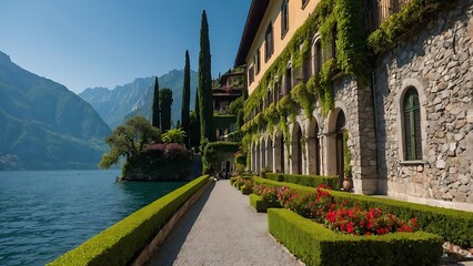 Fototapeta premium On a bright summer day, Varenna's stunning Villa Monastero. Italy's Lombardy, Lake Como.
