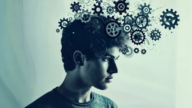 Mind Gears: A man's head is filled with spinning gears, symbolizing innovation, creativity, and the complexities of the human mind, adhd and mental health issues.