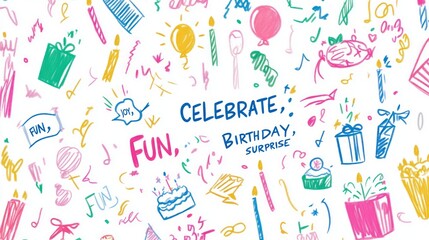 Colorful doodle illustration of birthday celebration elements.