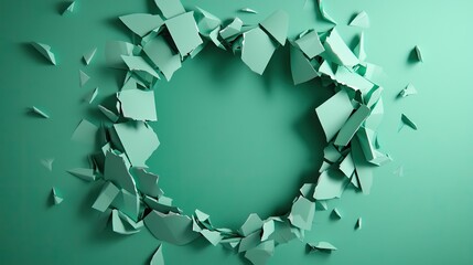 A circular break in a teal surface, surrounded by scattered fragments, creating a dynamic and modern visual effect.