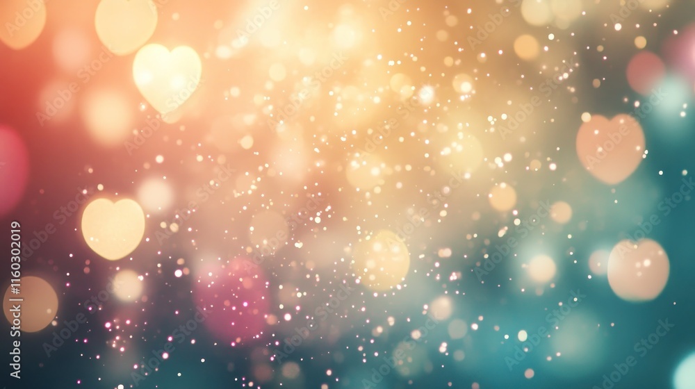 Poster abstract romantic background with bokeh lights and heart shapes.