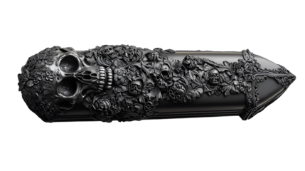 Ornate Black Skull Coffin Box Intricate Floral Carving, Dark Elegance