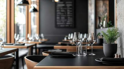 Elegant hotel dining area with minimalist black tables, neutral lighting, and natural wood decor, black table restaurant, chic, highclass