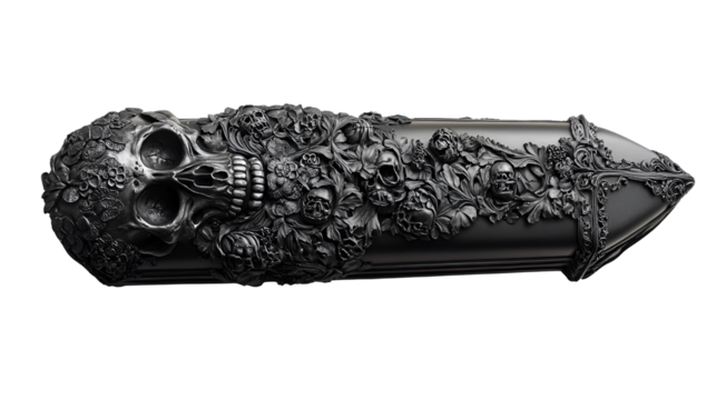 Ornate Black Skull Coffin Box Intricate Floral Carving, Dark Elegance
