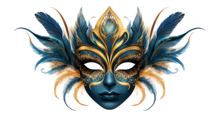 Elegant Blue Gold Venetian Mask Feathered Fantasy Carnival Costume