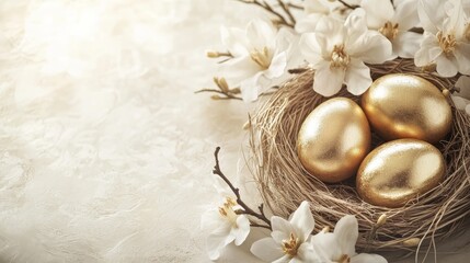 A nest containing three golden eggs surrounded by delicate white flowers.
