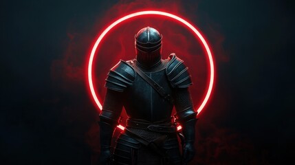 Fototapeta premium Dark knight in full plate armor stands within a glowing red neon circle against a smoky background.