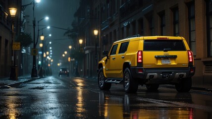 "A glossy yellow Hummer parked on a wet street during a rainy night. The environment is lit by street lamps, with raindrops glistening on the car's surface. Puddles on the ground reflect the bright li