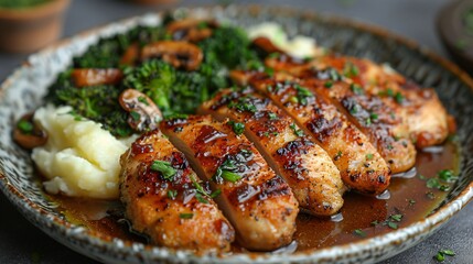 Crispy breaded chicken marsala with mashed potato