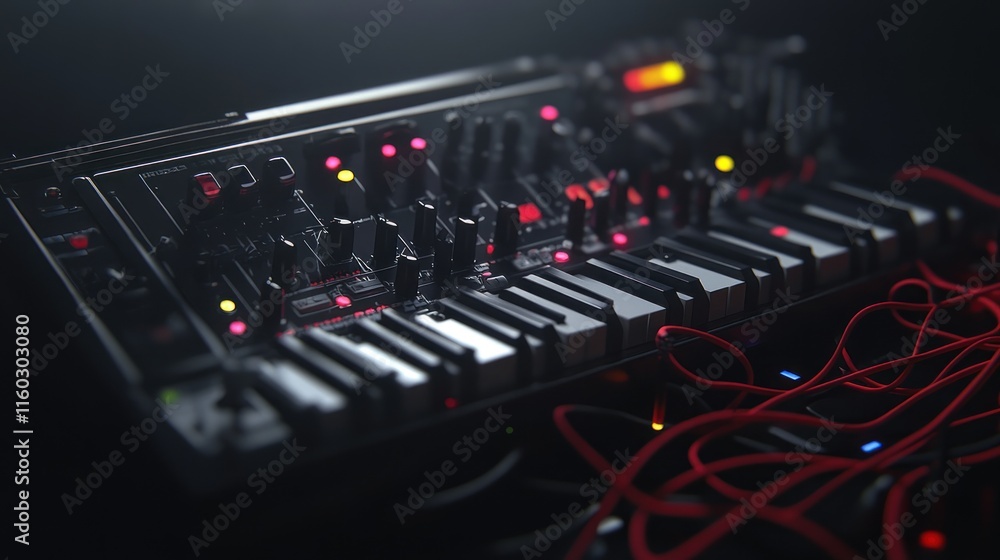 Aufkleber close-up of a synthesizer with illuminated keys and red cables.